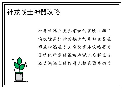 神龙战士神器攻略